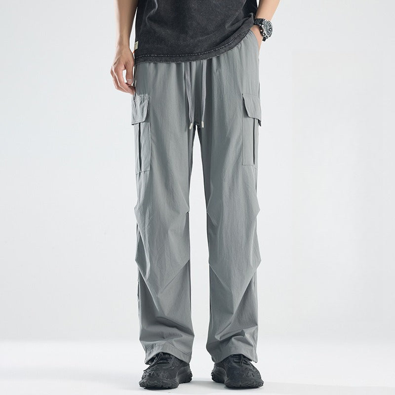 Men's Summer Thin Ice Silk Cargo Pants, Drawstring Cuffed Jogger Work Trousers