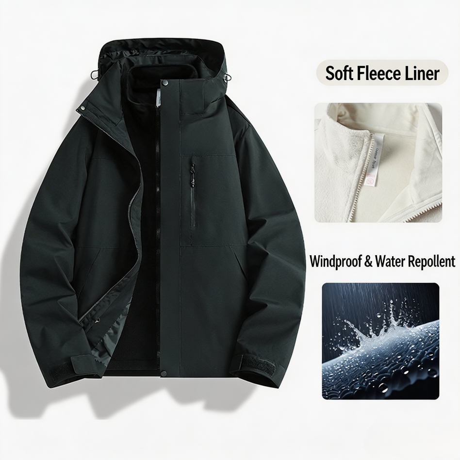 Comparable‑Style 3‑in‑1 Windproof Waterproof Jacket with Removable Fleece Liner for Outdoor Hiking