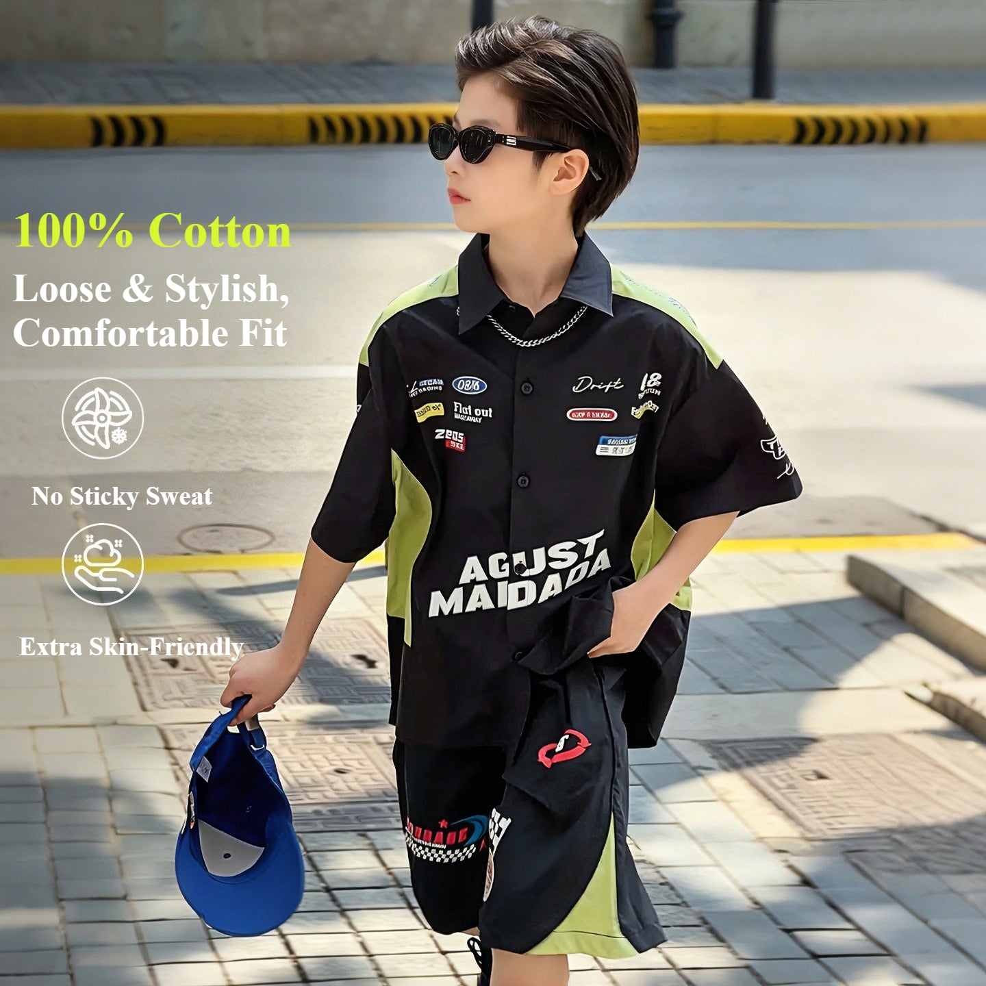 Boys' Lightweight Pure Cotton Racing-Style Shirt