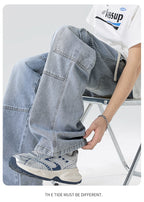 Men's American high street tooling jeans, retro loose straight wide-leg trousers, men's casual retro tooling trousers