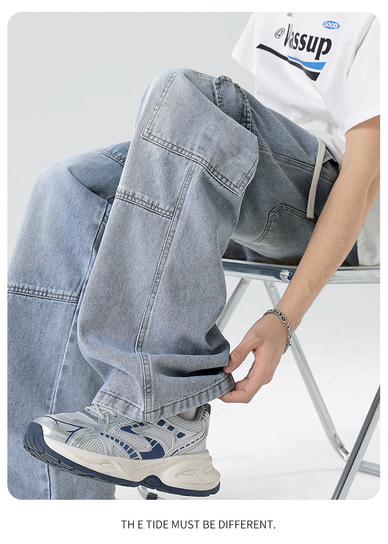 Men's American high street tooling jeans, retro loose straight wide-leg trousers, men's casual retro tooling trousers