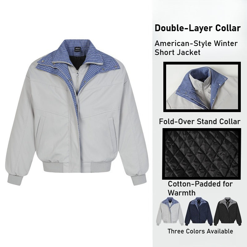 American retro men's short cotton clothes, spliced fake two-piece double-layer lapel loose coat